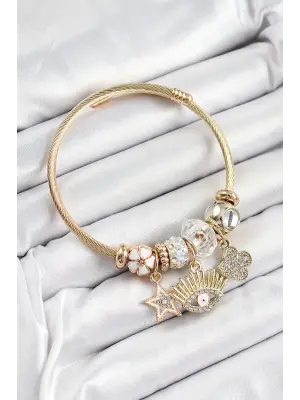 316L Çelik Beyaz Zirkon Taşlı Yıldız Göz Ve Yonca Model Gold Renk Charm Bileklik