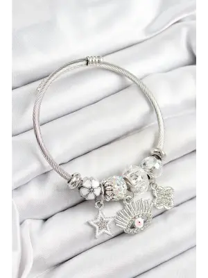 316L Çelik Beyaz Zirkon Taşlı Yıldız Göz Ve Yonca Model Gümüş Renk Charm Bileklik