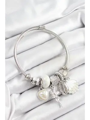 316L Çelik Beyaz Zirkon Taşlı Yıldız Melek İstiridye Ve Kalp Model Gümüş Renk Charm Bileklik