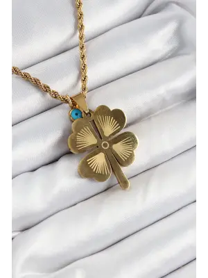 316L Çelik Burgu Zincirli Nazar Detaylı Yonca Model Gold Renk Kadın Kolye