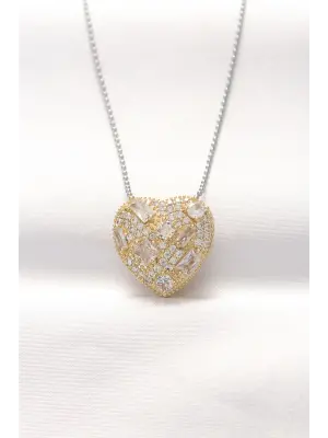  Çift  Zirkon Taşlı Kalp Çelik Kolye