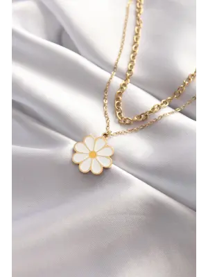  Çift Zincir Altın  Papatya Tasarımlı Çelik Kolye