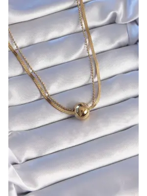  Çift Zincirli Altın  Topçuk İtalyan Model Çelik Kolye