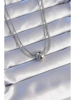  Çift Zincirli Gümüş  Topçuk İtalyan Model Çelik Kolye