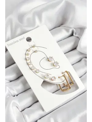 316L Çelik Dikdörtgen Figürlü Ve Zirkon Taşlı Gold Renk 7li Çift Kadın Küpe Set