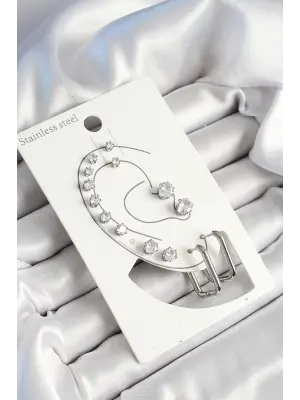 316L Çelik Dikdörtgen Figürlü Ve Zirkon Taşlı Gümüş Renk 7li Çift Kadın Küpe Set