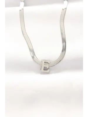  E Harfli Silver  İtalyan Zincirli Çelik Kolye