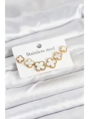 316L Çelik Gold Beyaz Renk 3 Boy Yonca Küpe Seti