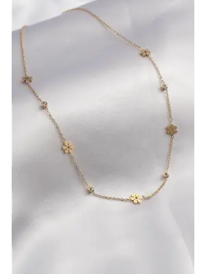 316L Çelik Gold Çiçek Figür Zirkon Taşlı Kadın Kolye