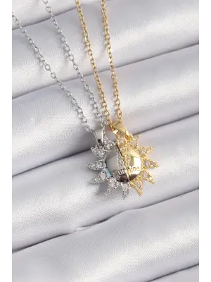  Altın Gümüş  Zirkon Taşlı Güneş Model İşleme Yazı Detay Arkadaşlık Çelik Kolyesi
