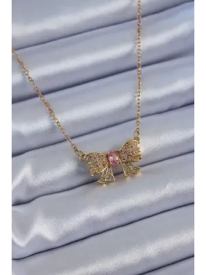 316L Çelik Gold Kurdele Model Zirkon Taşlı Kadın Kolye