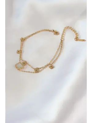 316L Çelik Gold Renk 2li Beyaz Yonca Model Kadın Bileklik