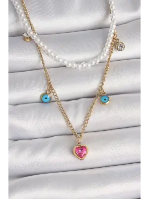 316L Çelik Gold Renk 2Li İnci Zincir Model Pembe Taşlı Kalp Figür Nazar Boncuk Detay Kadın Kolye