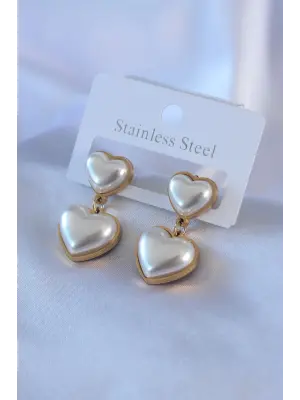   Altın 2li İncili Kalp Model Çelik Küpe