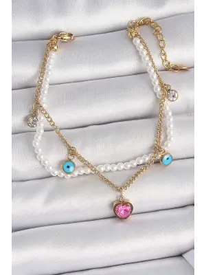 316L Çelik Gold Renk 2Li İncili Zincir Sallantı Pembe Kalp Model Nazar Boncuk Detay Kadın Bileklik