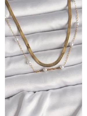  Altın  2Li İtalyan Zincir İnci Detay  Çelik Kolye