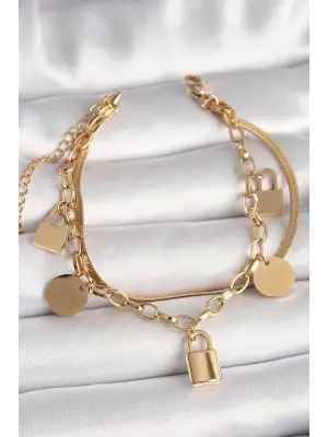 316L Çelik Gold Renk 2Li İtalyan Zincir Kilit Figür Kadın Bileklik