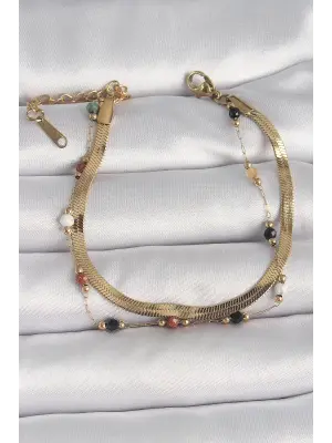 316L Çelik Gold Renk 2Li İtalyan Zincir Kristal Taş Detaylı Kadın Bileklik