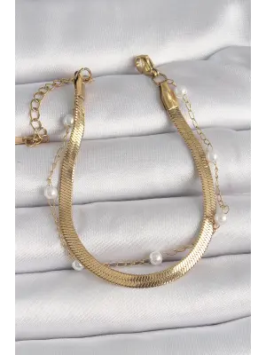 316L Çelik Gold Renk 2Li İtalyan Zincir Model İnci Detay Kadın Bileklik