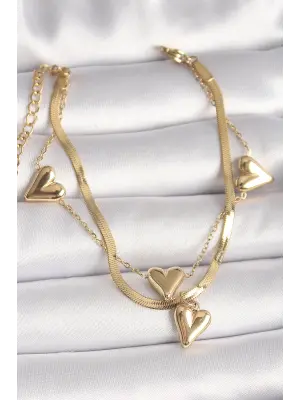 316L Çelik Gold Renk 2Li İtalyan Zincir Model Sallantı Kalp Figür Kadın Bileklik