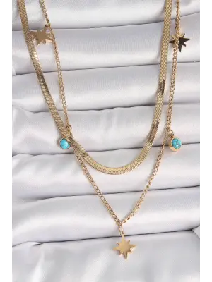 316L Çelik Gold Renk 2Li İtalyan Zincir Model Yıldız Figür Mavi Taş Detay Kadın Kolye