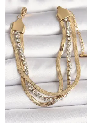 316L Çelik Gold Renk 2Li İtalyan Zincir Model Zirkon Taşlı Kadın Bileklik
