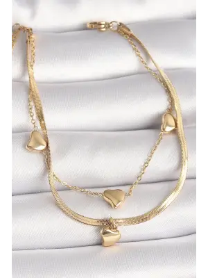 316L Çelik Gold Renk 2Li İtalyan Zincir Sallantı Kalp Figür Kadın Bileklik