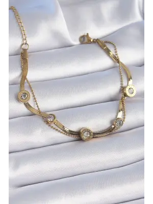 316L Çelik Gold Renk 2li İtalyan Zincir Zirkon Taşlı İşleme Detaylı Kadın Bileklik