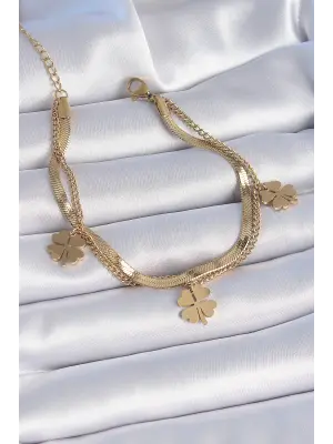 316L Çelik Gold Renk 2li İtalyan Zincirli Sallantı Yonca Figür Kadın Bileklik