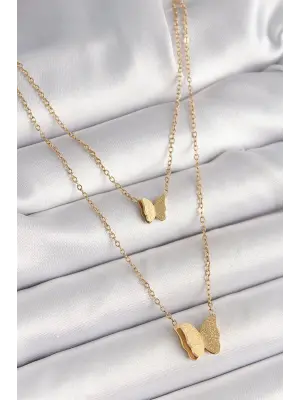 316L Çelik Gold Renk 2Li Simli Kelebek Model Kadın Kolye
