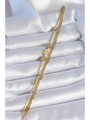 316L Çelik Gold Renk 2li Yassı Zincirli Kalp Figür Kadın Bileklik