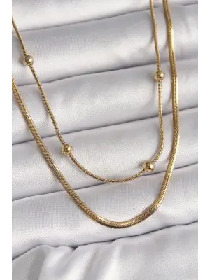  Altın  2Li Zincir İtalyan&Tüp Zincir Topçuk Detay  Çelik Kolye