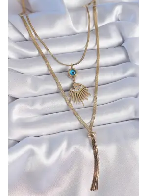  Altın  2li Zincir İtalyan Zincir Göz Model Zirkon Taşlı  Çelik Kolye