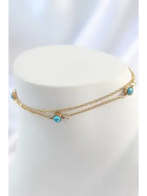 316L Çelik Gold Renk 2Li Zincir Mavi Taşlı Model Kadın Halhal