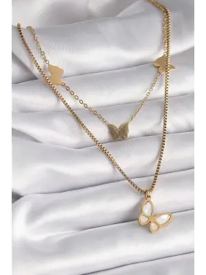  Altın  2Li Zincir Model Beyaz Sedefli Kelebek Figür  Çelik Kolye