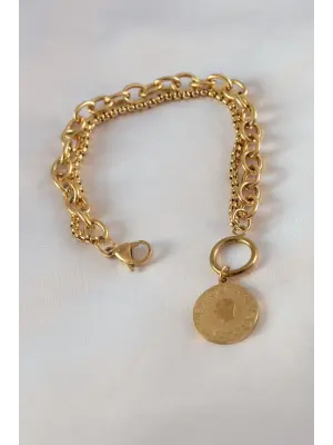 316L Çelik Gold Renk 2li Zincir Model Çeyrek Altınlı Kadın Bileklik