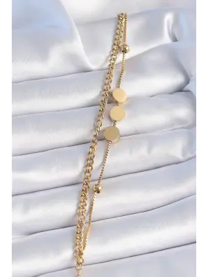 316L Çelik Gold Renk 2li Zincir Model Daire Plaka Figür Kadın Bileklik