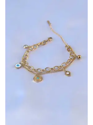 316L Çelik Gold Renk 2li Zincir Model Göz İşleme Figür Nazar Boncuk Detay Kadın Bileklik