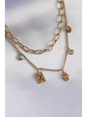  Altın  2li Zincir Model Göz İşleme  Çelik Kolye