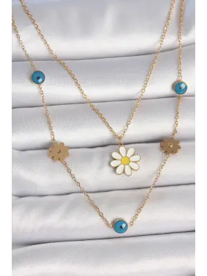 316L Çelik Gold Renk 2Li Zincir Model Papatya Figür Nazar Boncuk Detay Kadın Kolye