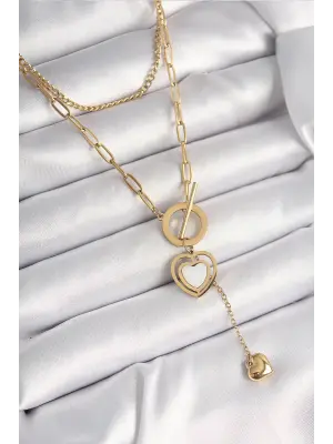 316L Çelik Gold Renk 2Li Zincir Model Sallantı Detay Kadın Kolye