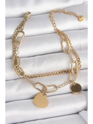316L Çelik Gold Renk 2Li Zincir Model Sallantı Kalp Figür Kadın Bileklik