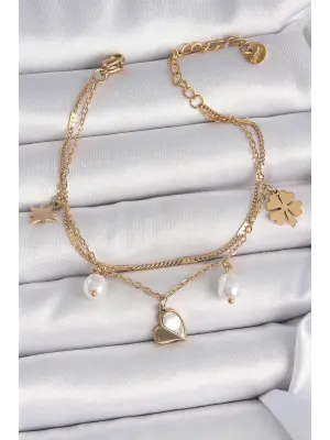 316L Çelik Gold Renk 2li Zincir Model Sallantı Kalp Figür Yonca Detay Kadın Bileklik