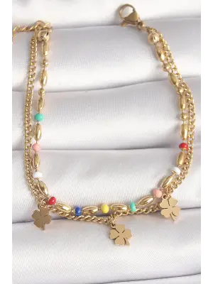 316L Çelik Gold Renk 2Li Zincir Model Sallantı Yonca Figür Kadın Bileklik