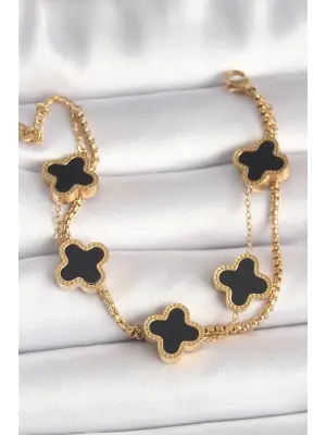 316L Çelik Gold Renk 2Li Zincir Model Siyah Yonca Figür Kadın Bileklik