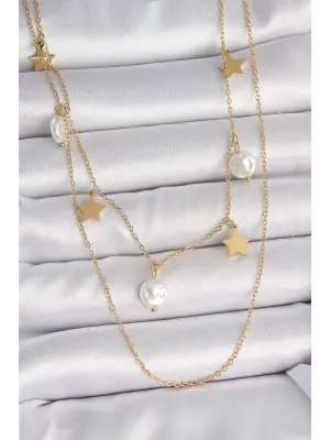 316L Çelik Gold Renk 2Li Zincir Sallantı Yıldız İnci Model Kadın Kolye