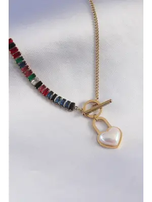 316L Çelik Gold Renk 2li Zirkon Taşlı Kilit Kalp Figür Kadın Kolye