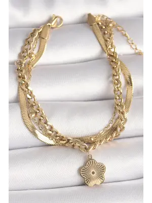 316L Çelik Gold Renk 3Lü İtalyan Kalın Zincir Model Sallantı İşlemeli Yonca Figür Kadın Bileklik