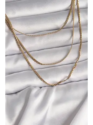  Altın  3Lü Yassı Zincir Model  Çelik Kolye