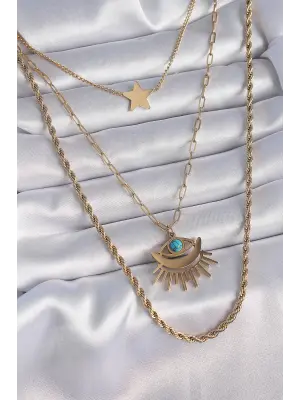  Altın  3lü Zincir Göz Model  Çelik Kolye